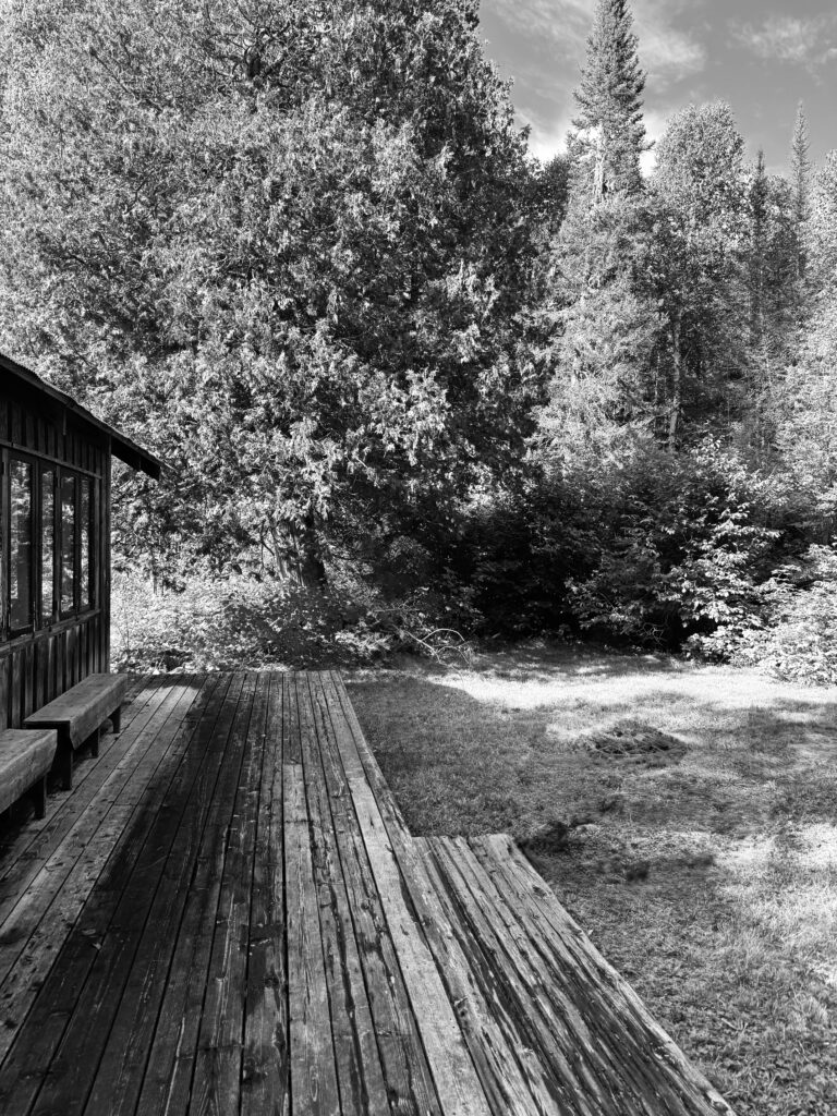 A black and white photo of the porch surrounding the dining hall, looking at mother tree and the land of Kawashaway.