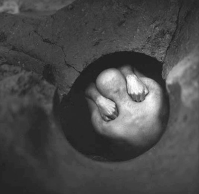 A sepia toned photo looking into a well with a seated person, shaved head down and clenched hands held tightly to their shoulders.