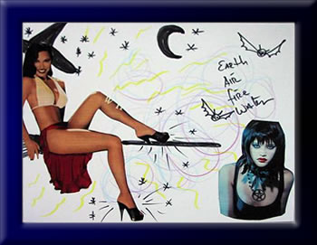 An image with two women, one on a broom in high heels and a caricature witches hat with sparkles. The other is a brooding woman with a pentagram necklace. All on a hand drawn background of stars and a crescent moon.